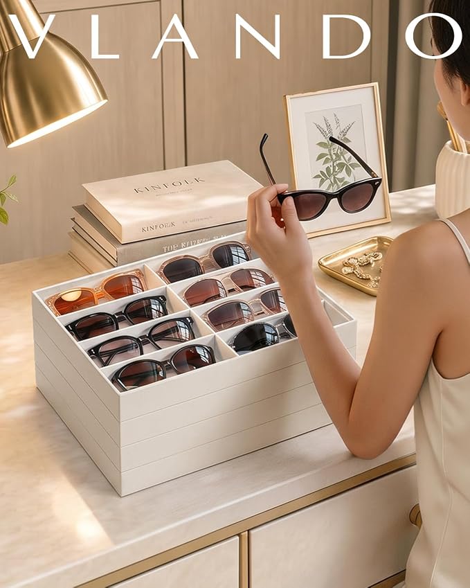 VLANDO Sunglasses Organizer,Stackable Jewelry Tray for Glasses,Beige | Removable Dividers, Soft Velvet Lining, Drawer Organizer for Glasses, Watches, Vanity Display, Gift for Women Girl