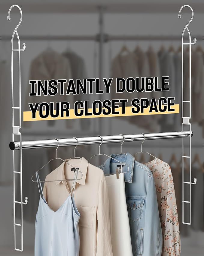 Supforce Hanging Closet Rod with Side Hooks, Adjustable Height & Width | 2 Pack, Stainless Steel, Expand Closet Space, Adjustable Fit for Any Closet, 88 lb Heavy-Duty Capacity, Tool-free Install