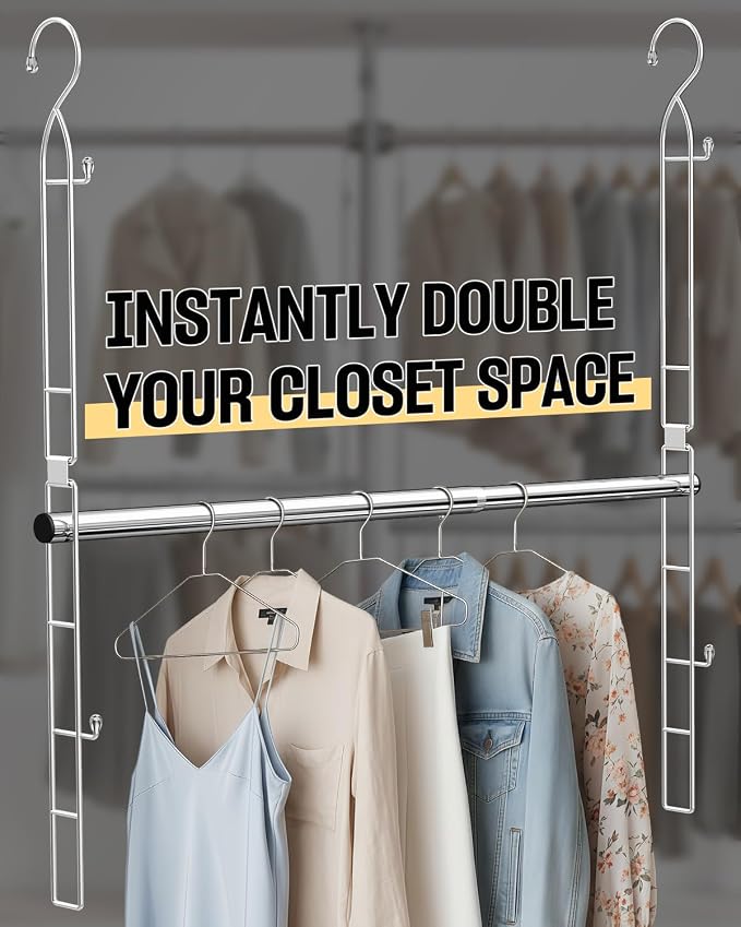 Supforce Hanging Closet Rod with Side Hooks, Adjustable Height & Width | Stainless Steel, Expand Closet Space, Adjustable Fit for Any Closet, 88 lb Heavy-Duty Capacity, Tool-free Install, 1 Pack