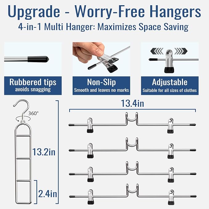 Pants Hangers With Clips, Newly Upgraded Detachable Space Saving Hangers for Skirts, Shorts & Trousers with Non slip clip,Heavy Duty Skirt Hangers - Hanging Closet Organizer And Storage,Patent Pending