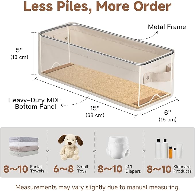 StorageWorks Narrow Storage Bins, Small Basket for Closet and Shelves, Fabric Organizer with Handles, Toilet Paper Storage, Beige, Cool Cotton, 2-Pack