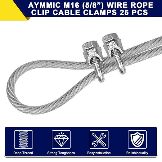 25 Pcs 5/8" M16 Wire Rope Clip Clamps Galvanized for Cable/Tent Rope | Galvanized iron, rust-proof, U-bolt & saddle, deep-thread, easy install, secures wire/rope for rigging/fences/guardrails