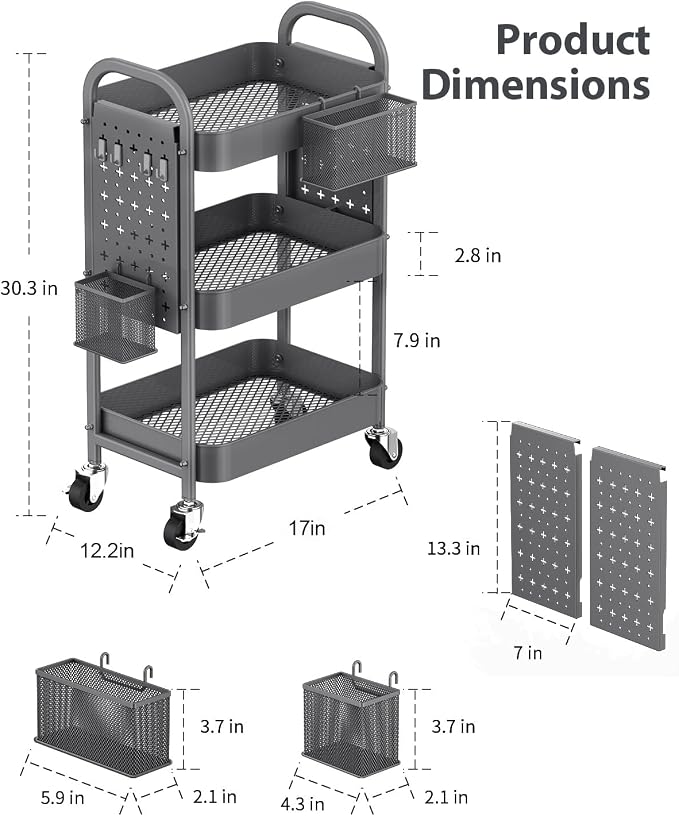 ALVOROG 3 Tier Metal Rolling Utility Cart with Pegboards,Baskets,Hooks,Gray | More Storage Craft Cart with Pegboards,Lockable Wheels,Hooks & Baskets to Organize Kitchen,Office,Bedroom and DIY Supplies