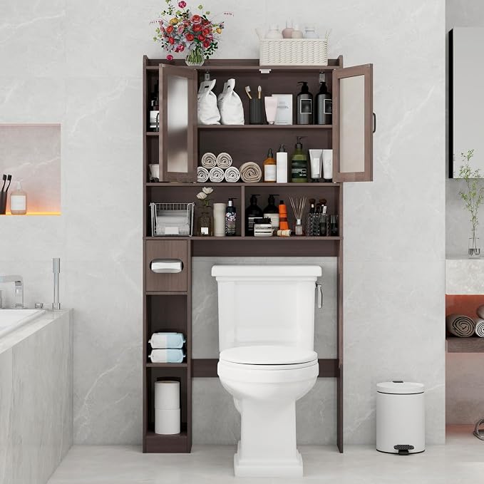Vabches Over The Toilet Storage Cabinet, Farmhouse Storage Cabinet Over Toilet with Acrylic Doors，Home Space-Saving Toilet Rack, for Bathroom, Restroom, Laundry, Espresso