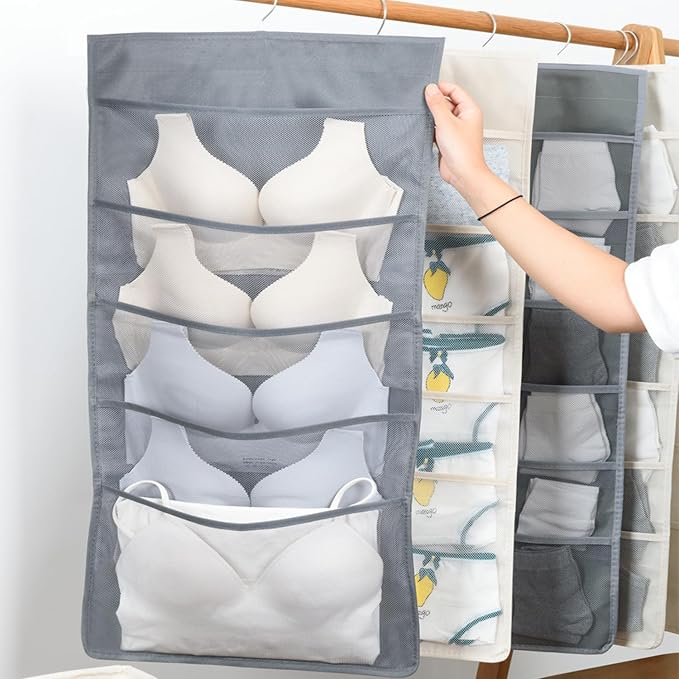 Closet Hanging Organizer with 24 Mesh Pockets Double-Sided Hanging Closet Organizer Wardrobe Storage Bags for Baby Clothes Bra Underwear Socks Diapers Panties Bras Lingerie Set Scarves Tights