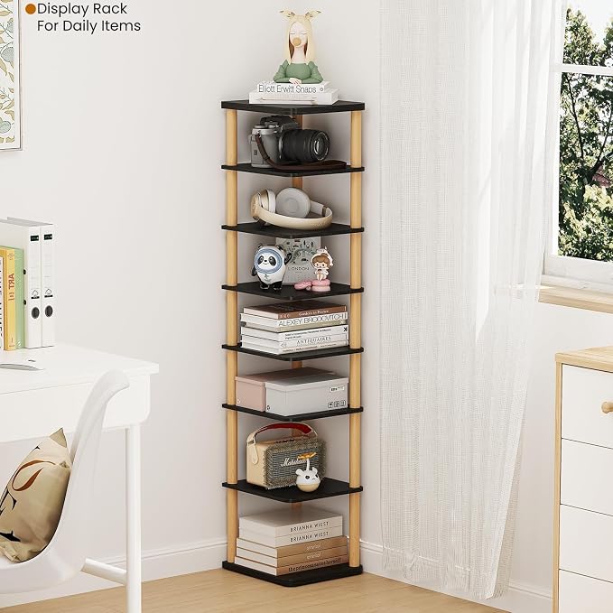 8 Tiers Vertical Shoe Rack, Tall Narrow Shoe Tower, Corner Shoe Rack, black | Small Shoe Organizer for Entryway, Closet, Dorm & Small Spaces, Freestanding Wooden Shoe Shelf for Boots, Sneakers, Heels.