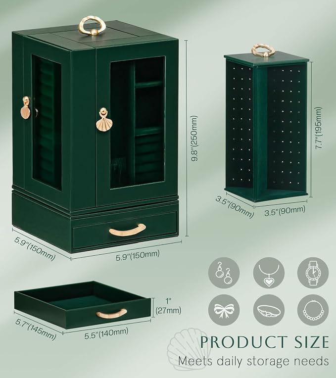 Enthralite Luxury Jewelry Box for Women: 360° Rotating with Clear Window | Compact Jewelry Storage with Drawer - Necklace Ring Organizer with Compartments - Elegant Earring Holder Display Great Gift