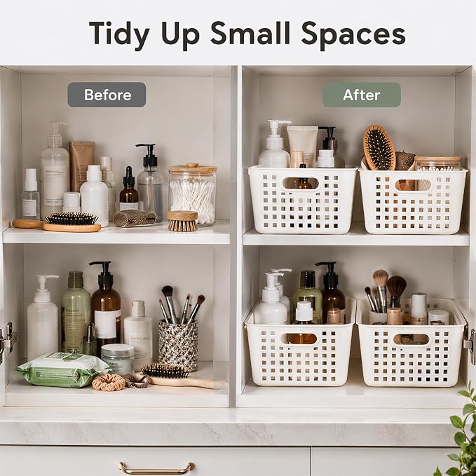 6 Pack Plastic Classroom Storage Baskets, Organizer Bins with Handle | White Color 11" × 7.1" × 4.6" Medium Papers Book Storage Organizer for School Classroom Library Office Home Desktop Bookshelf
