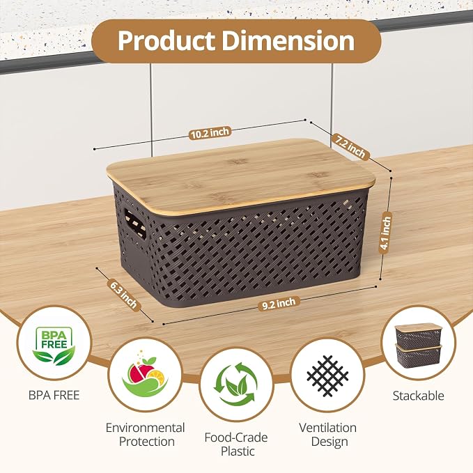 Plastic Storage Bins with Bamboo Lids, Stackable Small Box Baskets for Organizing and Containers for Shelves Drawers Desktop Closet Pantry Classroom Office Home, 6 Pack 10.2x7.2x4.1 Inch, Brown