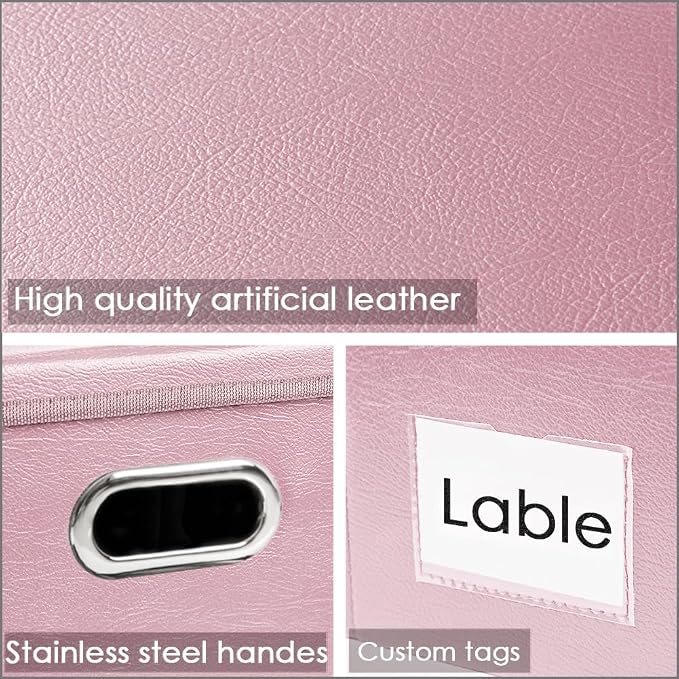 PRANDOM Collapsible Storage Box with Lid [1-Pack] Leather Fabric Foldable Storage Bin Organizer Container Basket Cube with Cover for Home Bedroom Closet Office Nursery Pink (22.8X15.7X11.8)
