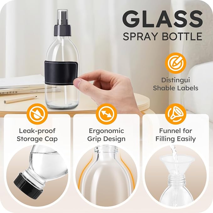 Tecohouse 2 Pack 8.8 OZ Glass Spray Bottles | 250ml Small Spray Bottles for Cleaning Solutions for Essential Oils, Plants, with Durable Nozzle, Labels, Funnel - Clear