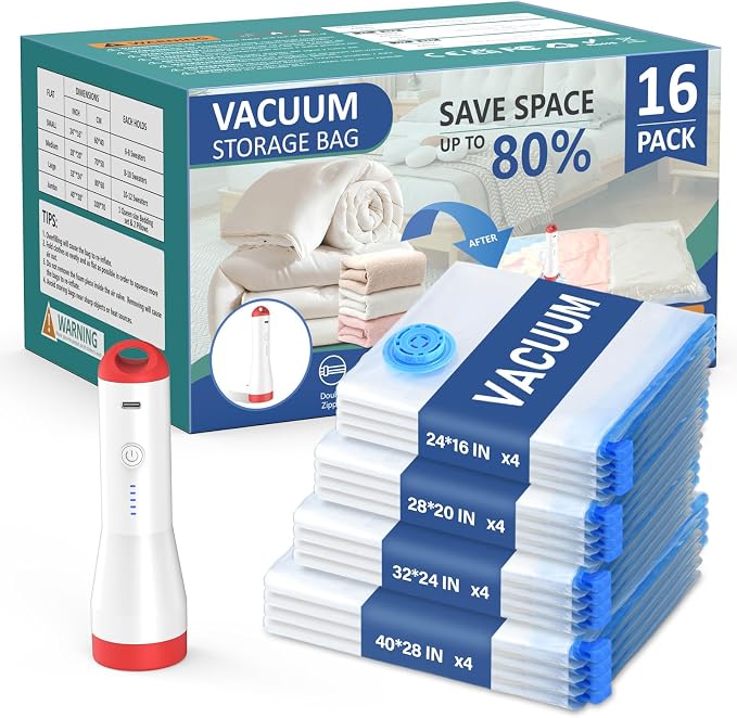 Vacuum Seal Bags for Clothing with Rechargeable Electric Pump,16Pcs | (4Jumbo 4Large 4Medium 4Small) Vacuum Storage Bag for Travel &Home Storage, Space Saver for Luggage, Bedding, Clothes