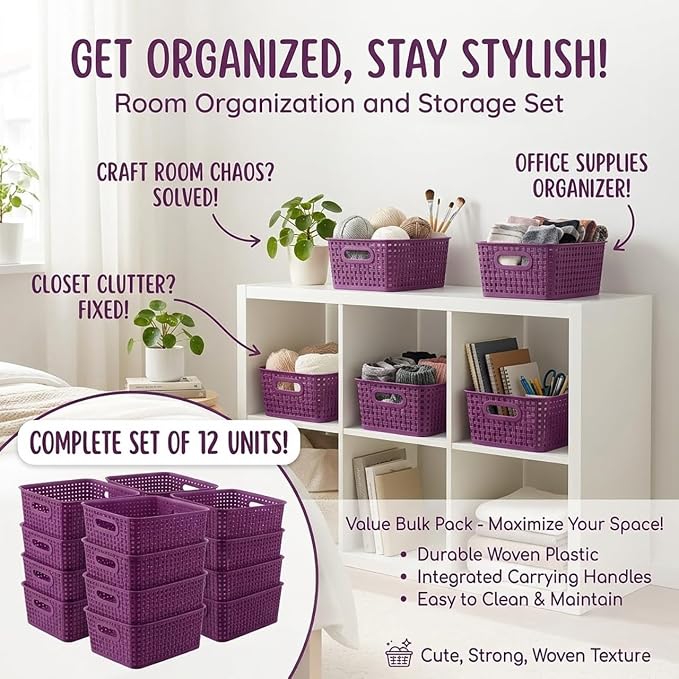 Dark Purple Organizing Baskets, Stackable Pantry Organizers and Basket Set of 12, Plastic Storage Baskets for Shelves, Classrooms, Kitchens, Laundry Room, Bathrooms and Bedrooms