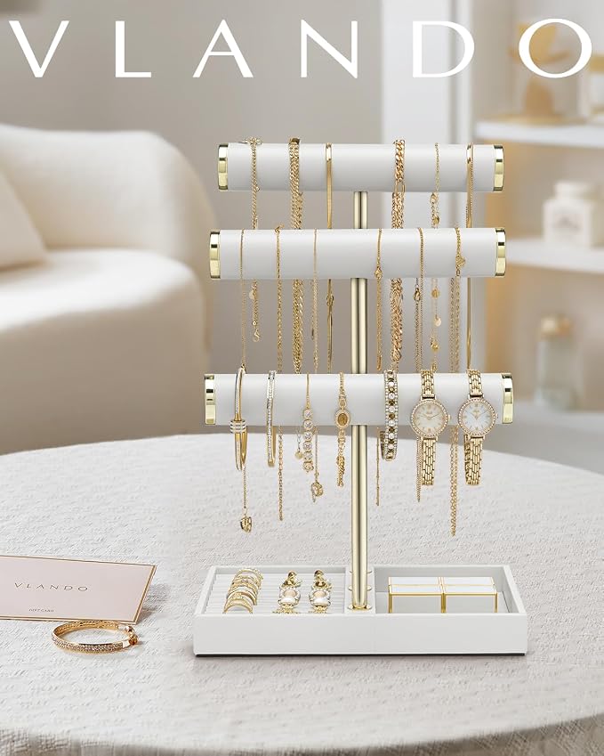 VLANDO 3 Tier Bracelet Holder Organizer with Tray - Leather Jewelry Stand Organizer for Women - Jewelry Holder Display for Necklace, Watches, Rings, Earrings, Bangle, Scrunchie - White