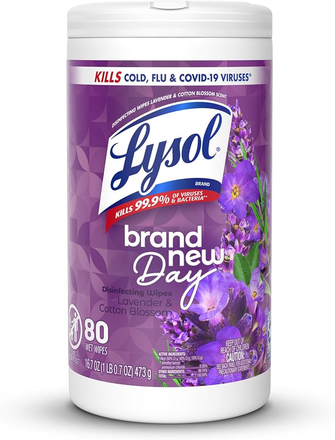Lysol Disinfecting Wipes, Multi-Surface Cleaner, Lavender, 80 ct. | All Purpose Cleaner, Sanitizing, Deodorizing, Apartment Essentials, Back To School Cleaning Supplies, Kitchen & Bathroom Wipe