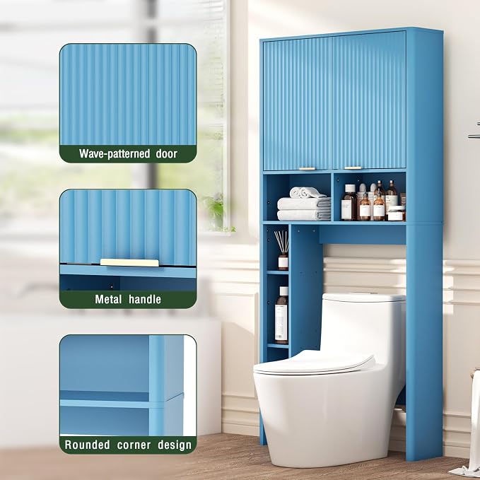 AKMAKM 31" W Over the Toilet Storage Cabinet with Fluted Door, Blue Bathroom Organizer with Adjustable Shelf, Toilet Paper Holder Stand Wave Door for Restroom, Laundry Room