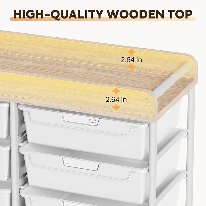 10-Drawer Rolling Cart, Art Cart with Wood Top & Side Handle, Multi-Purpose Craft Organizers and Storage with Lockable Wheels for Classroom, Dormitory, Craft Room and Art Supplies Organization(White)