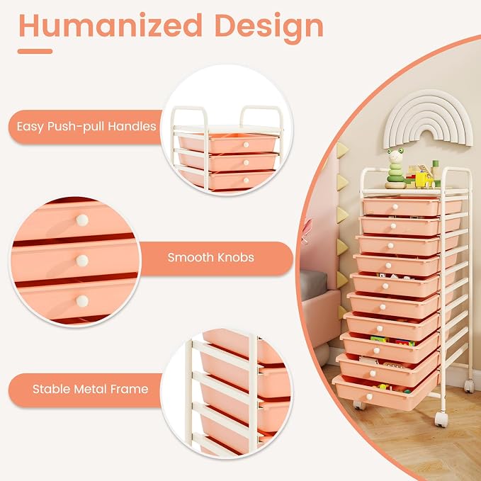 LDAILY 10 Drawer Rolling Storage Cart, Craft Organizer on Wheels, Drawer Cart with Metal Frame & Large Storage Capacity, Rolling Cart with Drawers for Living Room Classroom, Office