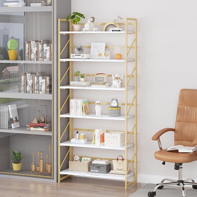 JSB 6 Tier No Assembly Folding Bookshelf, 30.7" Wide Foldable Storage Bookcase for Home Office, Space-Saving Storage Shelf for Living Room (White&Gold)
