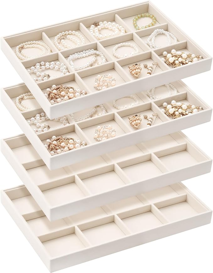Cinnvoice 4 Pcs Stackable Jewelry Organizer Tray, 12 Grids Velvet Bracelet Ring Necklace Tray, Jewelry Organizer Trays for Drawer Display Selling Bangle Necklace Earring Showcase Storage(Beige)
