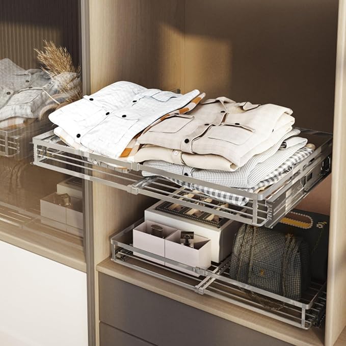 Pull Out Drawer Basket,Sliding Closet Drawer Organiser Shelves,Stackable Storage Bins,Load-bearing 10kg,for Kitchen Pantry Bathroom Cabinets(Cabinet width ≥39cm)