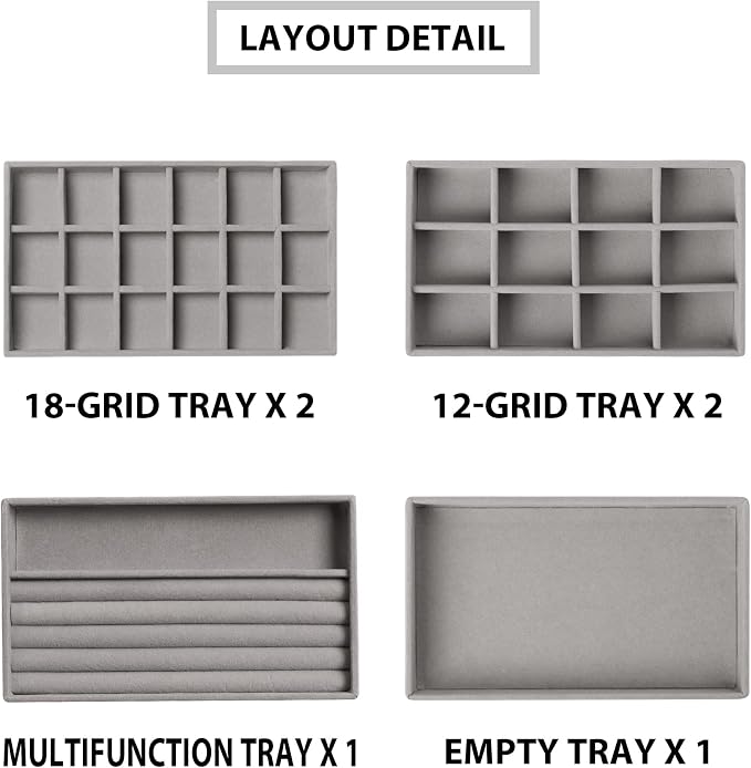 Frebeauty Jewelry Trays for Drawer,Set of 6 Jewelry Organizer and Storage | Velvet Material,Earring Holder Organizer,Stackable Jewelry Display for Vanity,Drawer Inserts for Rings,Studs,8.3×4.9 inch