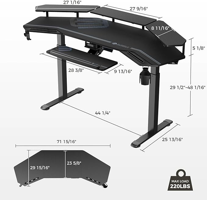 EUREKA ERGONOMIC Gaming Desk, Standing Desk w Keyboard Tray, 72" Wing Shaped Music Studio Table with LED Shelves, Gaming Recording Live Stream, Slot Design