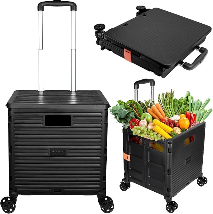 SELORSS Foldable Utility Cart Portable Collapsible Crate Rolling Carts with Wheels Rolling Tote Basket Teacher Cart with Lid Wear-Resistant 360°Rotate Wheel Noiseless for Shopping Storage Office Use