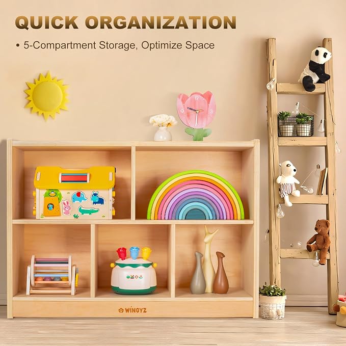 WINGYZ Wood Storage Shelf Organizer, 35.4" L, 5-Section Montessori Kids Toy & Book Shelf, Wooden Cabinet for Kids Rooms, Playroom, Classroom, Nursery, Preschool Furniture - Nature