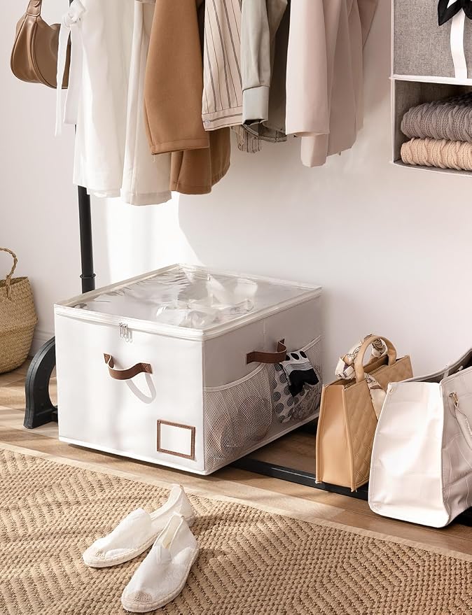 StorageWorks Shoe Storage Organizer for Closet, Up to 16 Pairs, Beige | Fixed Compartments, Clear Lid & Label Window, Side Mesh Pocket for Accessories, Soft Handles, Fits Flats, Sandals & Low-Tops