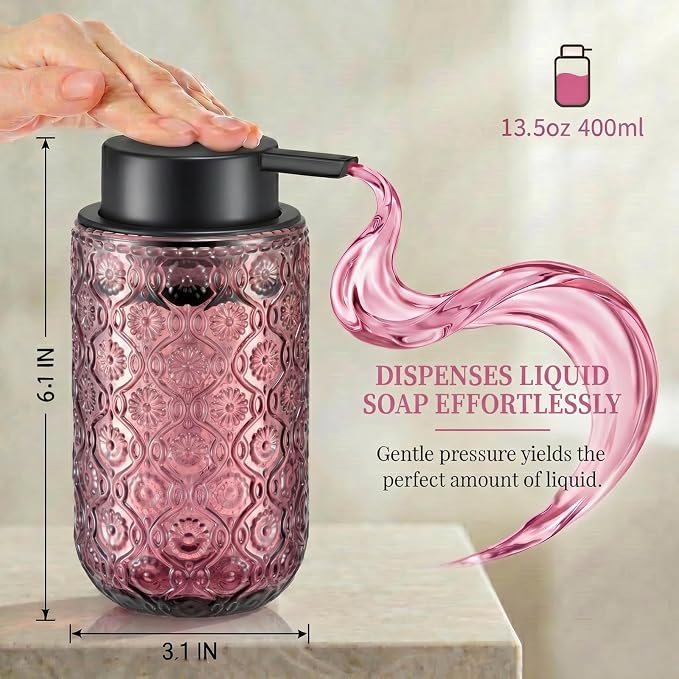 Pink Glass Liquid Hand Soap Dispenser with Matte Black Pump Thick Embossed Bottle Refillable for Bathroom and Kitchen Decor 13.5 oz