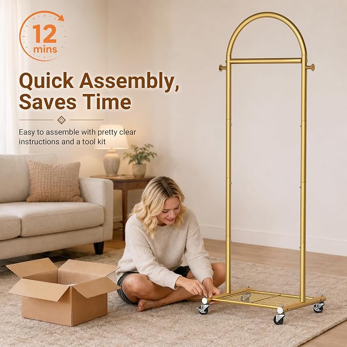 MISSLO 18" Small Clothes Racks for Hanging Clothes Arched Shape Gold Clothing Rack with Wheels 70" Metal Rolling Garment Rack with Shelves for Small Space, Bedroom, Laundry, Gold