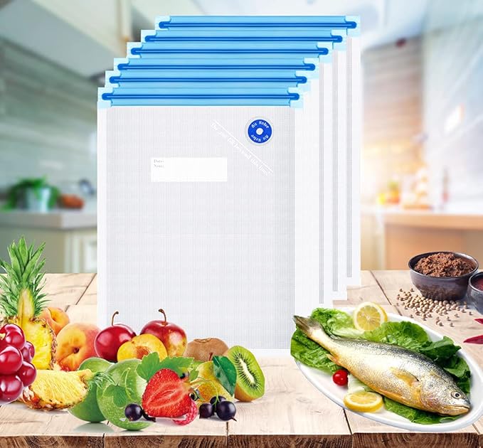 Sous Vide Bags Reusable 27Pcs, BPA Free Food Vacuum Sealer Bag, Food Storage Bags, Vacuum Zipper Bags for Sous Cooking - 20Pcs Vacuum Food Sealer Bag & 5 Air Valves & 2 Seal Clips (13.5X10 in) 4.3L