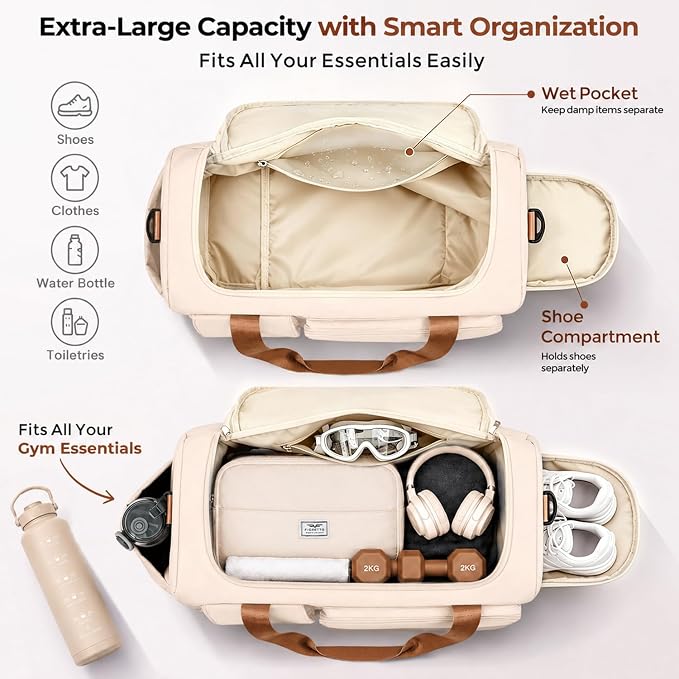 FIORETTO Women's Gym Duffle Bag with Shoes Compartment, 30L Capacity, Ideal for Travel, Gym, Sports, Duffel, Weekender