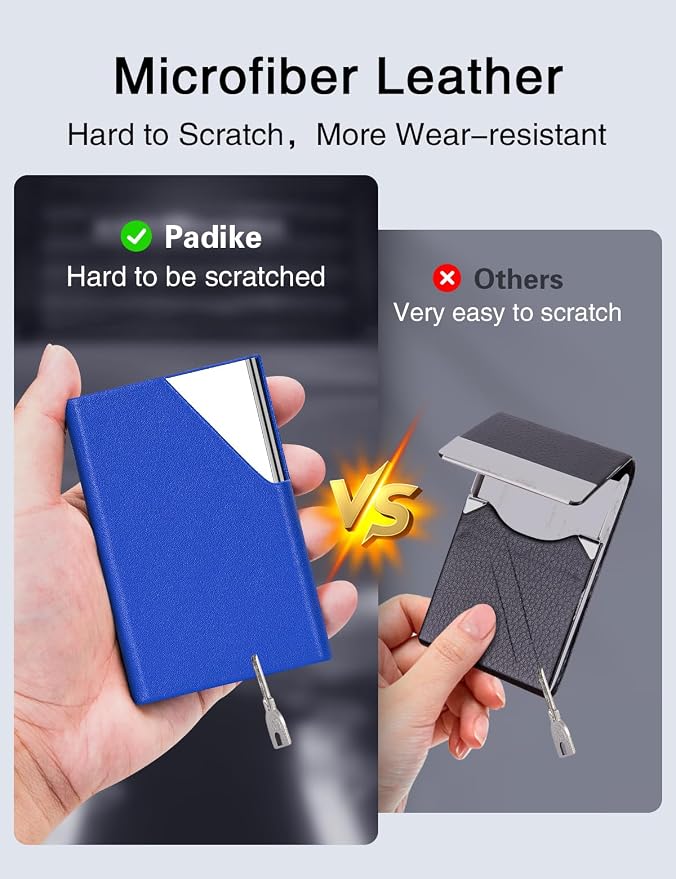 Padike Business Card Holder, Upgraded Leather Business Card Case Pocket Card Holders for Men or Women, Metal Slim Name Card Holder RFID Blocking Business Card Carrier with Magnetic Closure (Y-BU)