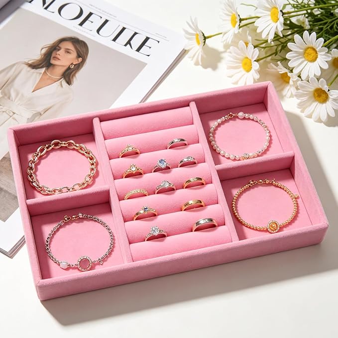 Velvet Jewelry Trays for Drawers, Pink Stackable Jewelry Drawer Organizer Inserts, Ring Earring Necklace Bracelet Holder Organizer Storage Display Tray with Removable Dividers, 2-in-1