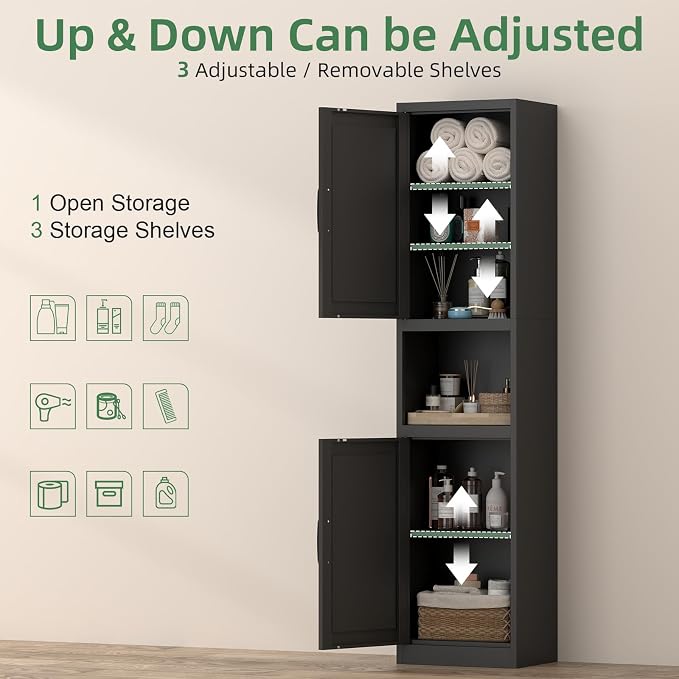 Bathroom Storage Cabinet, 67" H Tall Bathroom Storage with Shelves and Doors, Narrow Bathroom Storage Cabinet for Home, Metal Slim Storage Cabinet, Black