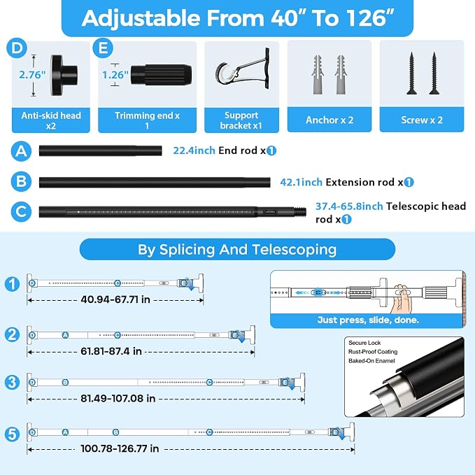 AIZESI 41-124 Inch Heavy Duty Tension Curtain Rod - No Drilling, Adjustable, Rust-Resistant for Outdoor, Living Room, Window, Bathroom (Black, 41" to 124"|2PACK)