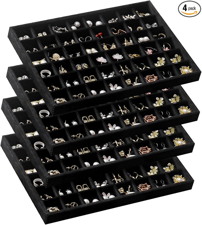 Large Stackable Jewelry Tray 4 Pack Velvet Jewelry Display Drawer Inserts Trays Organizer for Earring Bracelet Necklace Ring (Black, 48 Grids)
