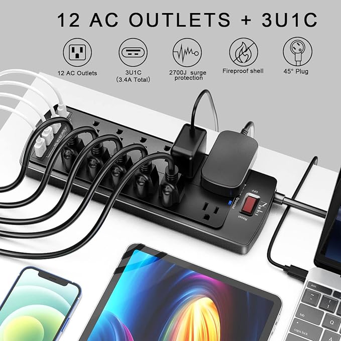 Power Strip, Nuetsa Surge Protector with 12 Outlets and 4 USB Ports, 6 Feet Flat Plug Extension Cord for Home, Office, Dorm Essentials, 2700 Joules, ETL Listed, Black