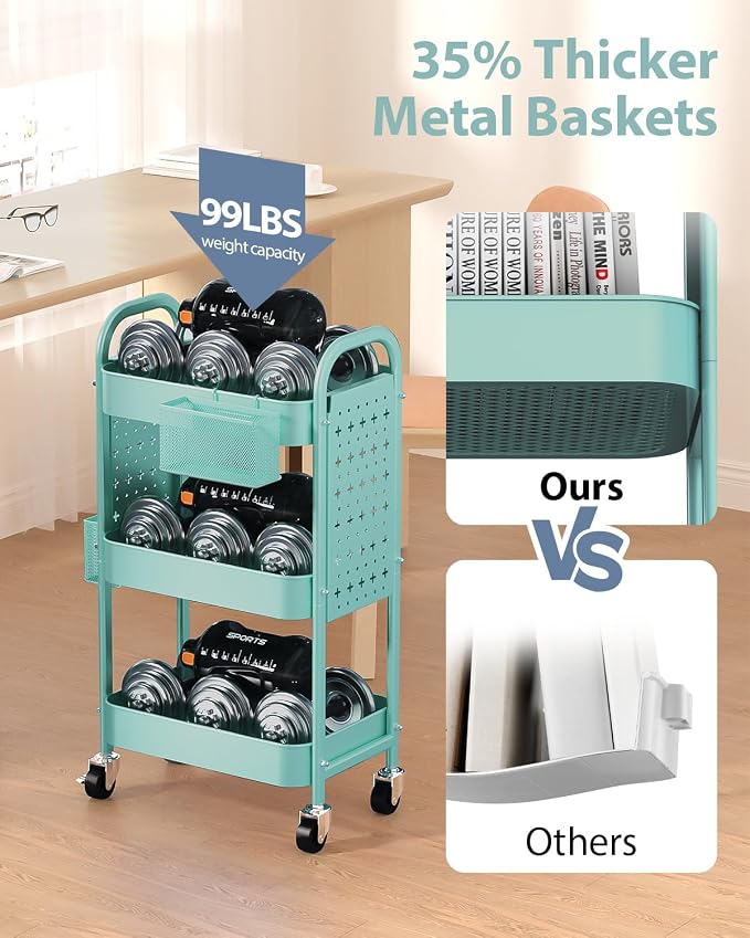 ALVOROG 3 Tier Metal Rolling Utility Cart with Pegboards,Baskets,Hooks,Blue | More Storage Craft Cart with Pegboards,Lockable Wheels,Hooks & Baskets to Organize Kitchen,Office,Bedroom and DIY Supplies
