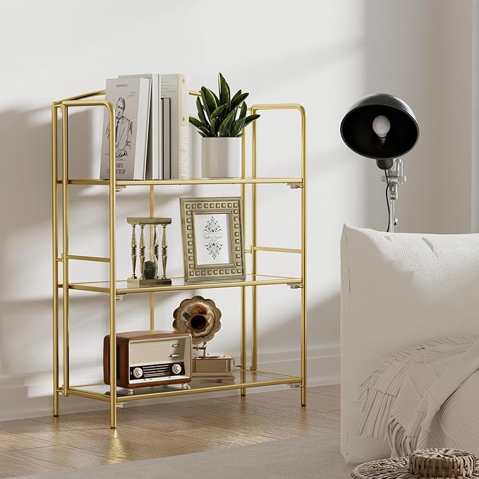 Crofy 3-Tier Wider Foldable Bookshelf, Gold Frame & Transparent Shelves | No-Assembly Collapsible Portable Storage Organizer; Sturdy Transparent Shelves; Ideal for Living Room & Home Office