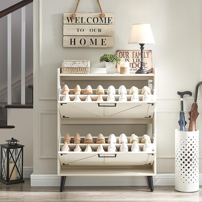 Barnyatoh Shoe Storage Cabinet with 2 Flip Drawers, Farmhouse Hidden Shoe Organizer, Narrow Slim Shoe Rack Cabinet for Entryway Hallway,Antique White
