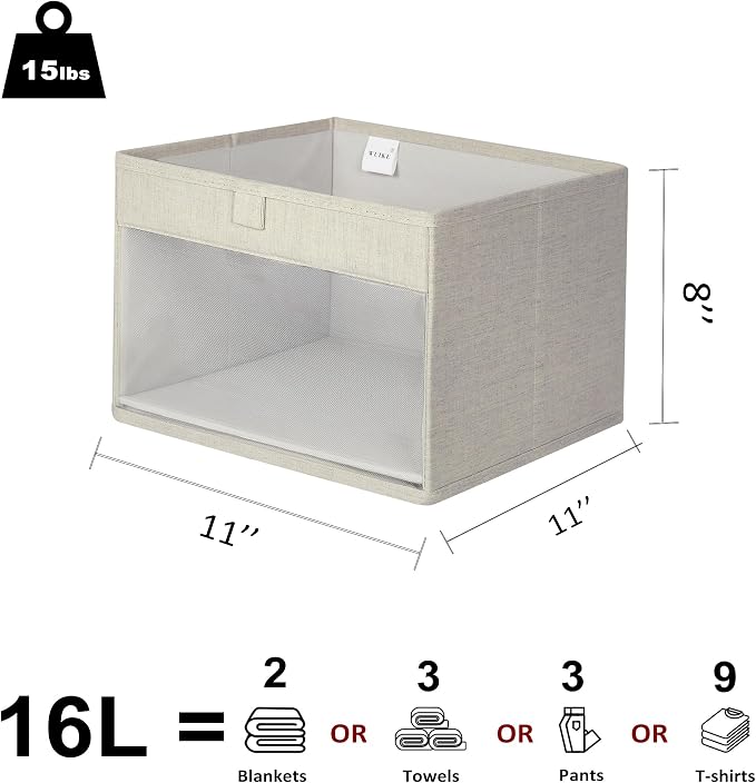 WUIKE Closet Storage Bins with Clear Window, Fabric Organizer Baskets with Handles, Foldable Linen Closet Organizers and Storage for Shelves, Line Beige, 11" L x 11" W x 8" H, 3 Pack