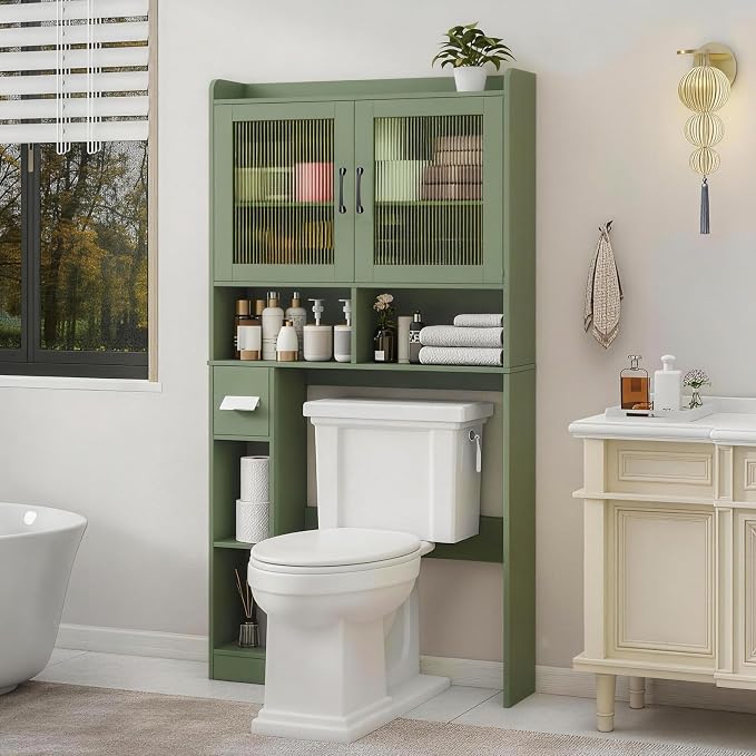 Vabches Over-The-Toilet Storage Cabinet, Farmhouse Style with 2 Acrylic Waves Doors, Space-Saving Home Storage Rack for Restroom, Bathroom and Laundry Room. Green