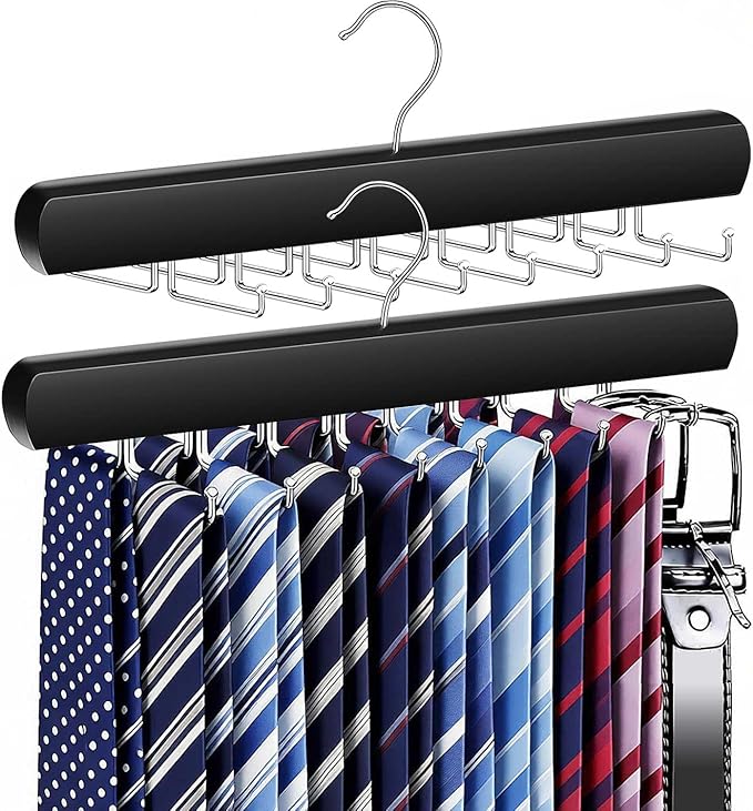 2-Pack Tie Rack Hanger for Closet, 36 Hooks Belt Hanger, Black | Wooden Tie Organizer for Men, Space-Saving Tie Holder, Upgraded Simple Folding Hooks, Sleek Tie and Belt Hanger