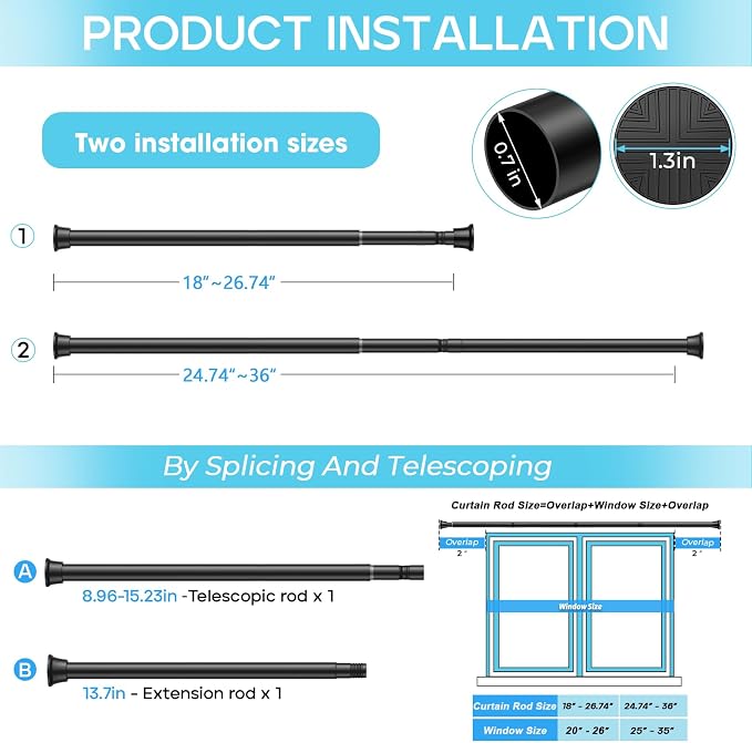 2 Pack Spring Tension Curtain Rod 18-36 inch, Adjustable Expandable Tension Curtain Rod No Drilling, Tension rods for Window Doorway Kitchen Curtain, Black