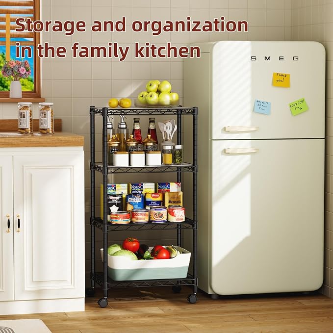 SINGAYE Small Wire 4 Adjustable Shelves Pantry Metal Shelf Floor Organizer | Armoire Adjustable Floor Kitchen Narrow Organizer Rack Shelving Short Square Stackable Standing Storage Tier Under Unit