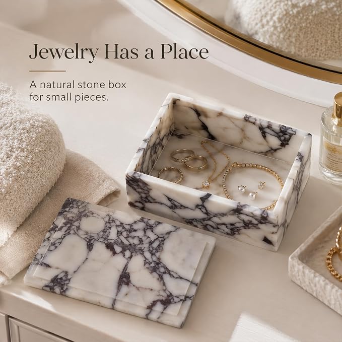 Natural Marble Rectangle Jewelry Box with Lid, 7.87 in | A rectangle marble box for watches, jewelry, slim glasses, hair ties, and dresser-top organization.