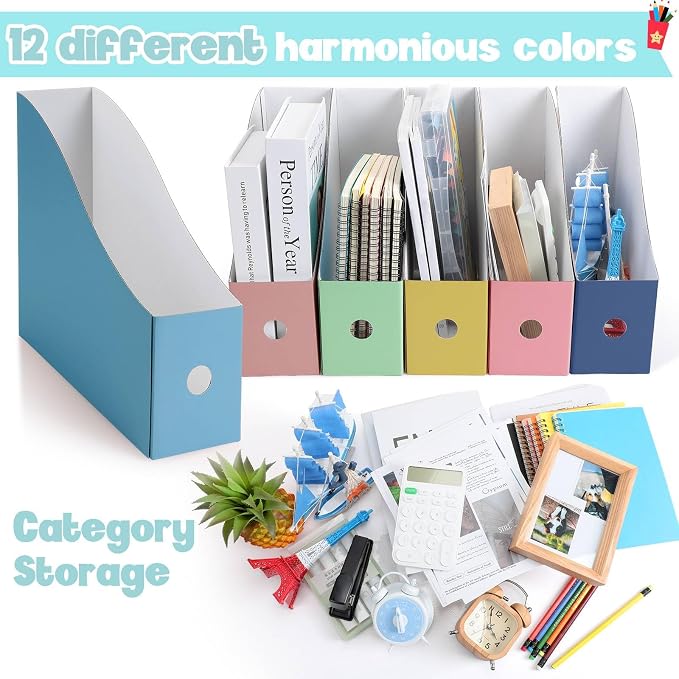 Colarr 48 Pcs Cardboard Magazine Holders 12 Colors Magazine Storage Box with Label Stickers File Folder Book Holder for Desk Desktop Document for School (Sweet Color)